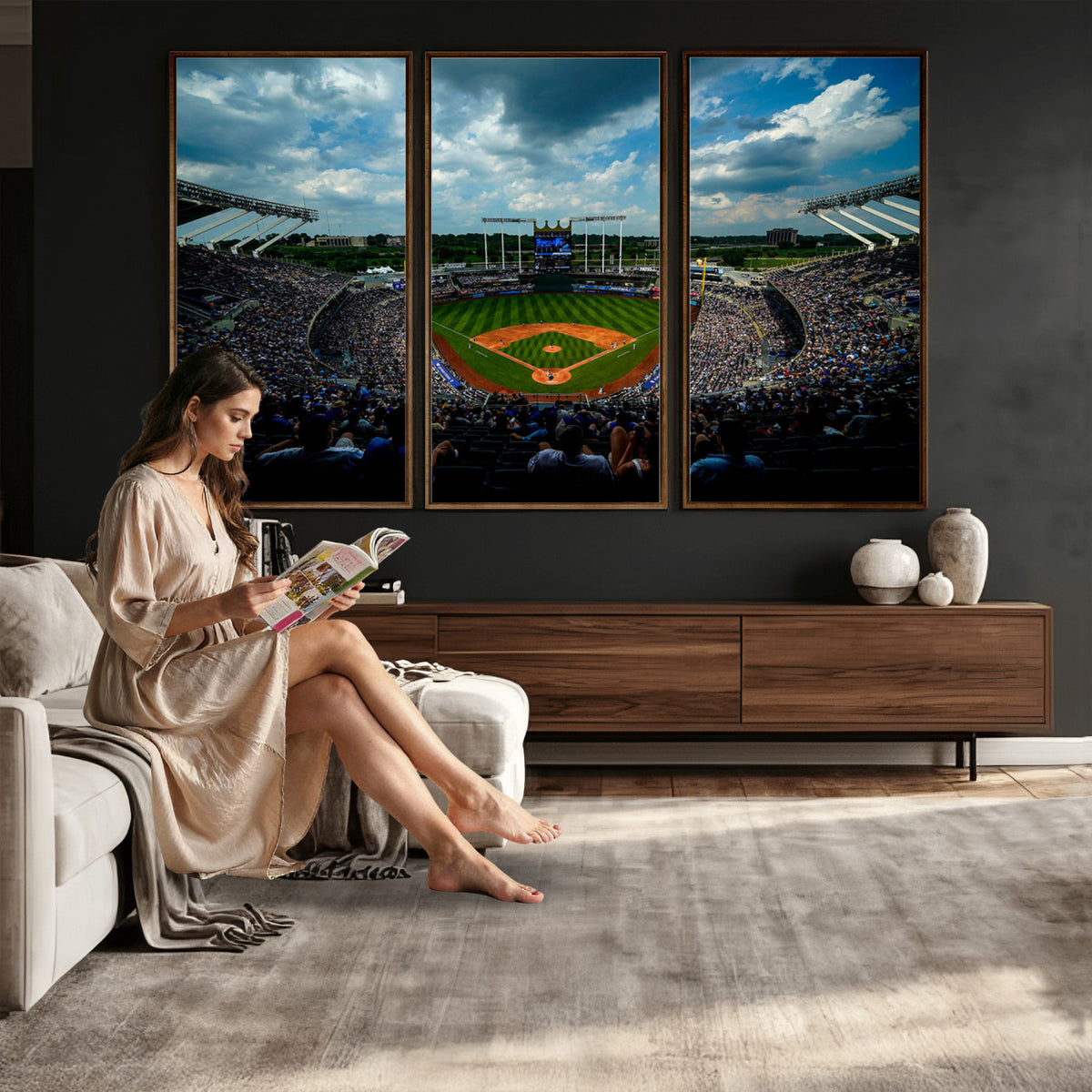 37127-MGV-CV-36X24 - 3-Panel Kauffman Stadium Wall Art Print | Large Kansas City Royals Baseball Canvas