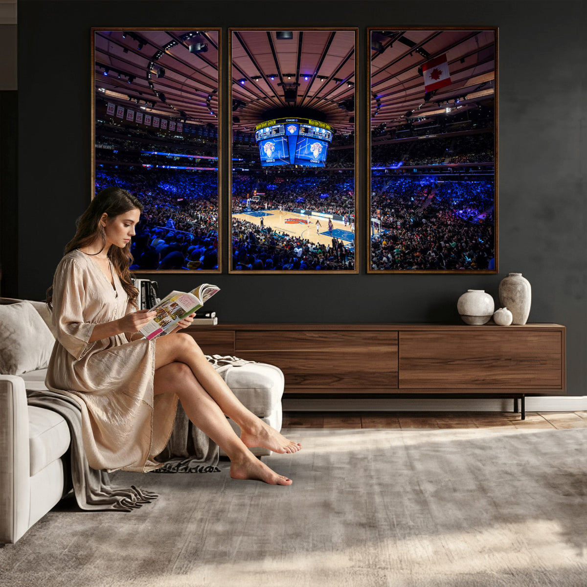 20491-MGV-CV-36X24 - Madison Square Garden Basketball Print Canvas, Basketball Game Triple Canvas Wall Art