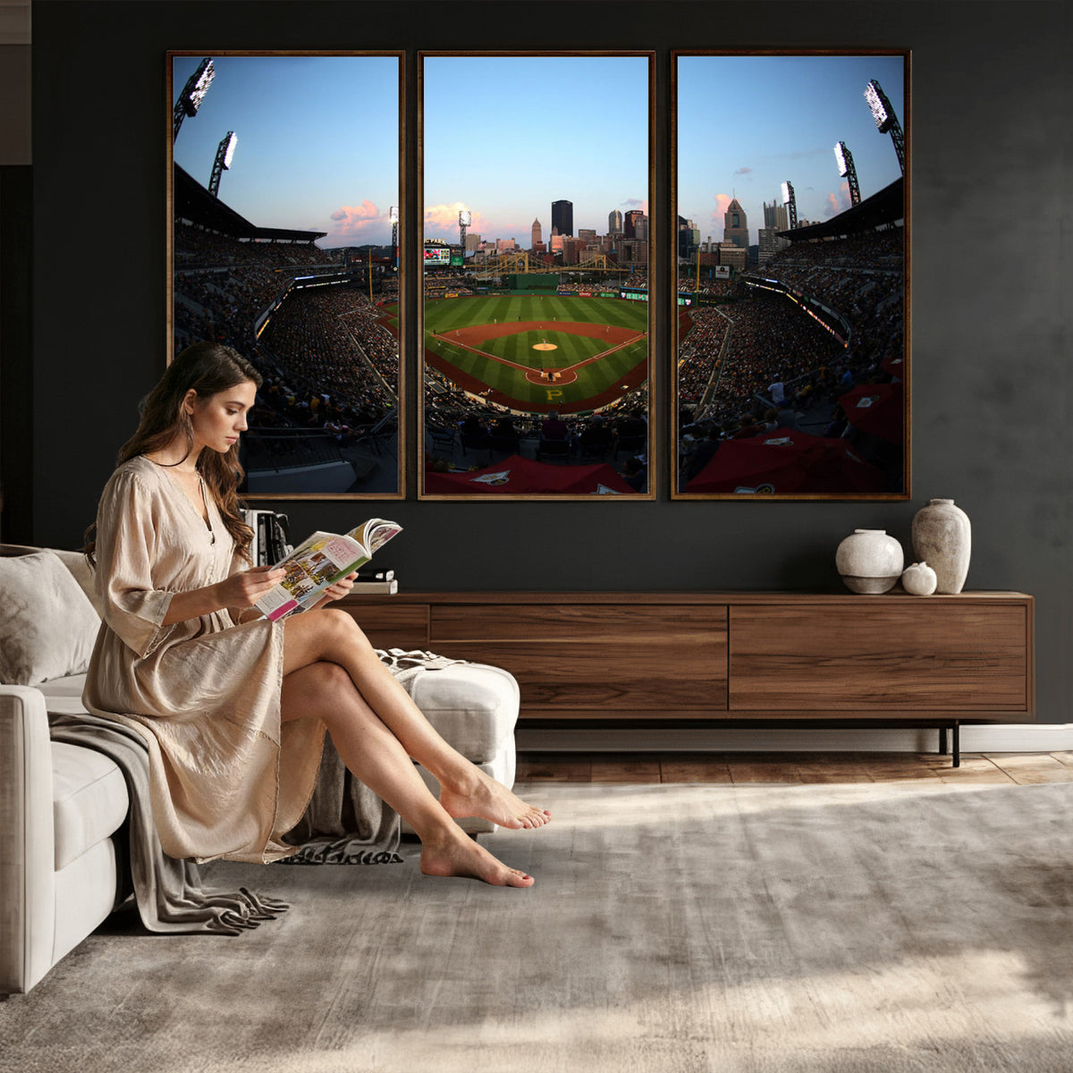 67670-MGV-CV-36X24 - PNC Park Evening Game Triple Canvas Wall Art | Pittsburgh Pirates MLB Stadium