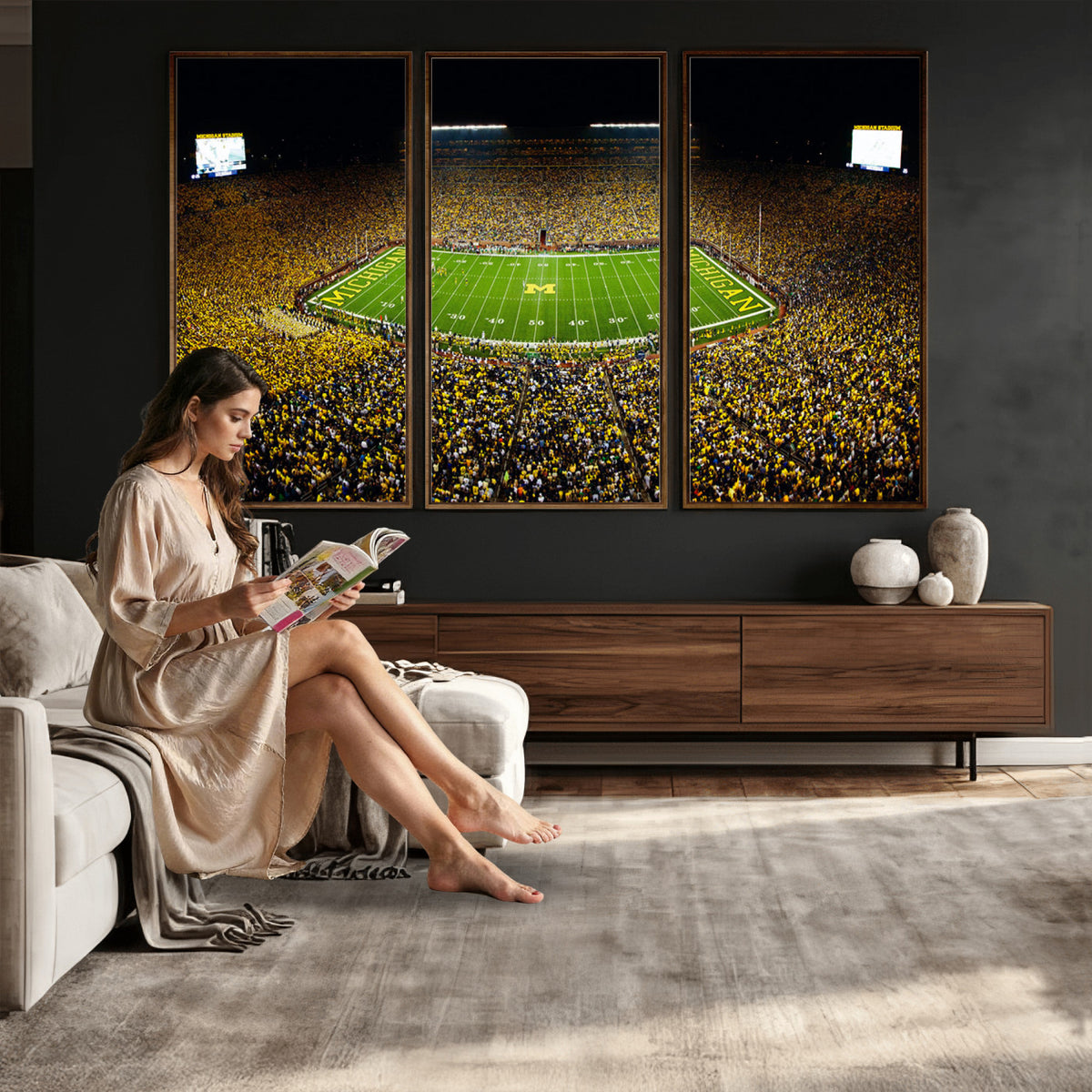 26166-MGV-CV-36X24 - Stadium in Michigan Wall Art Canvas Print, Framed American Football Stadium Art