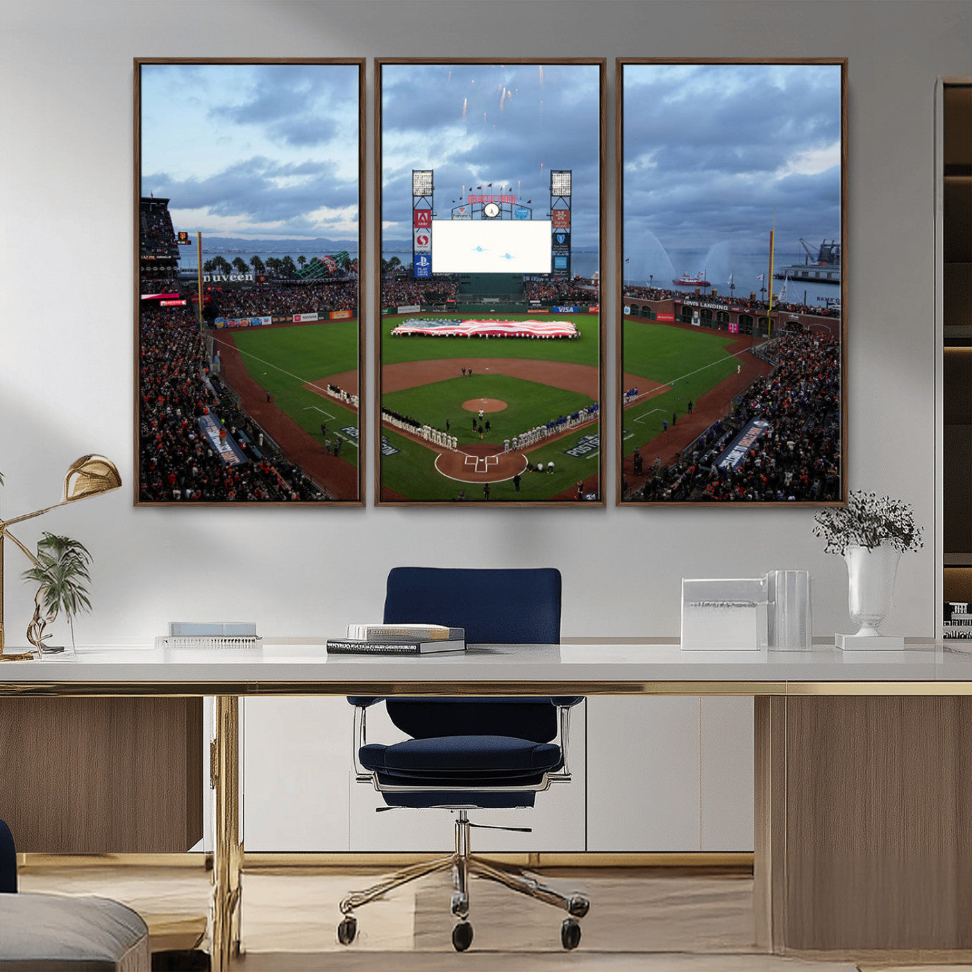 MGV-FC-48X32-3P - Oracle Park San Francisco Giants Wall Art | 3-Panel Canvas Print of Oracle Park Stadium | Large Framed Baseball Wall Decor | Ready-to-Hang MLB Canvas Print