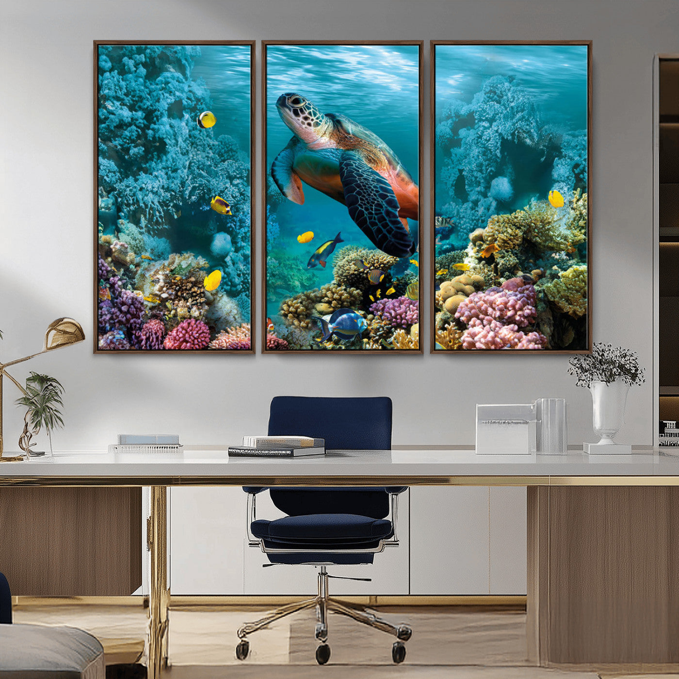 MGV-FC-48X32-3P - Sea Turtle and Coral Reef Triptych Wall Art – Vibrant Underwater Scene Canvas Set for Ocean Lovers and Coastal Decor – Ready to Hang 3-Panel Artwork