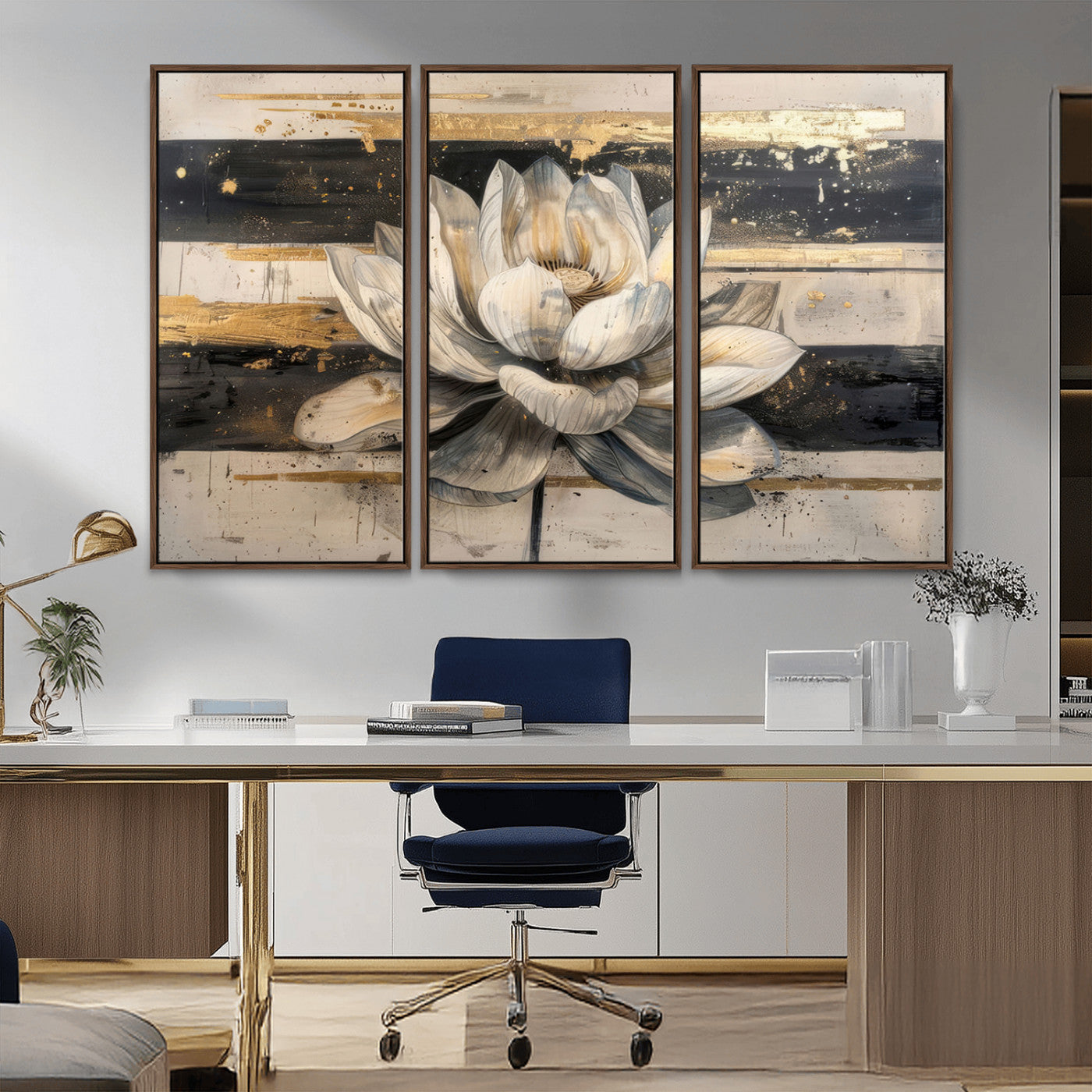 MGV-FC-48X32-3P - Lotus Flower Wall Art Canvas Print, Framed Abstract Lotus Art Picture Print, White Lotus Flower Perfect Abstract Floral Decor Artwork