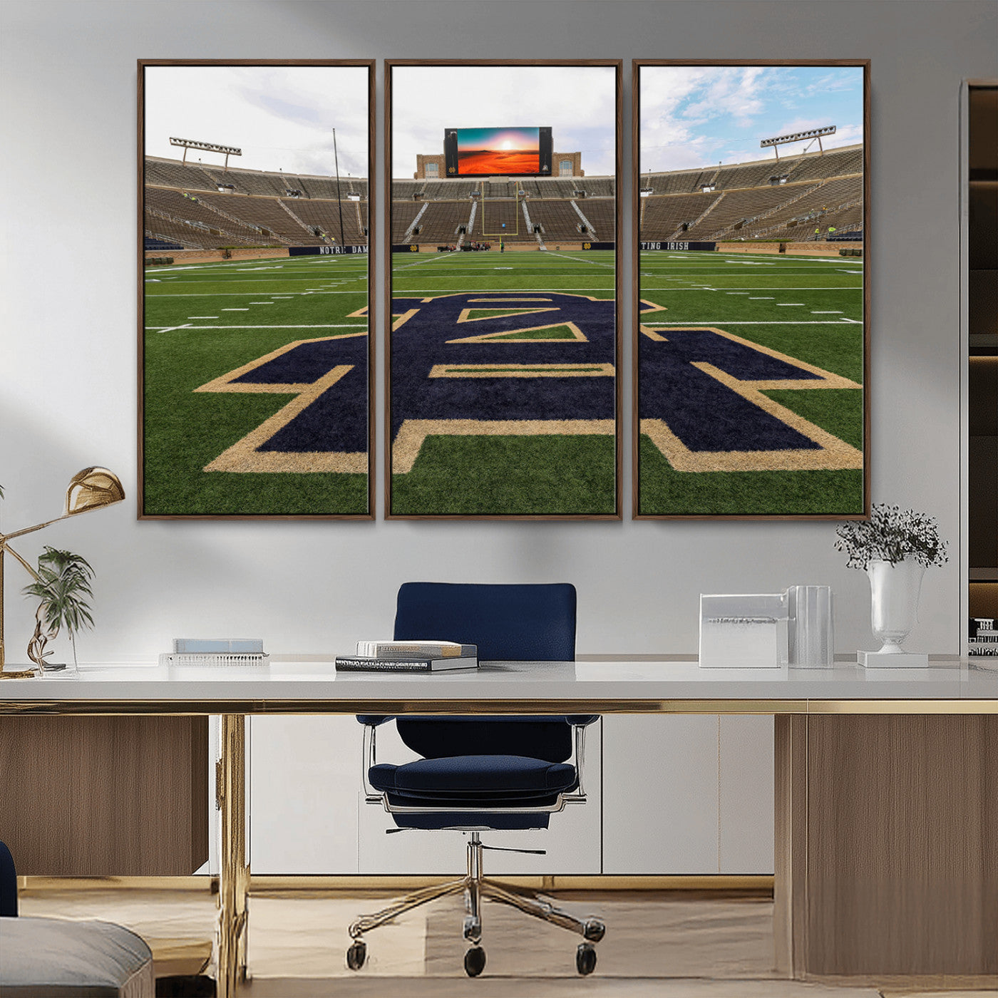 MGV-FC-48X32-3P - Notre Dame Stadium Giclee Canvas Print | Triptych Wall Art Featuring Iconic Notre Dame Football Field | Ready-to-Hang Sports Stadium Decor