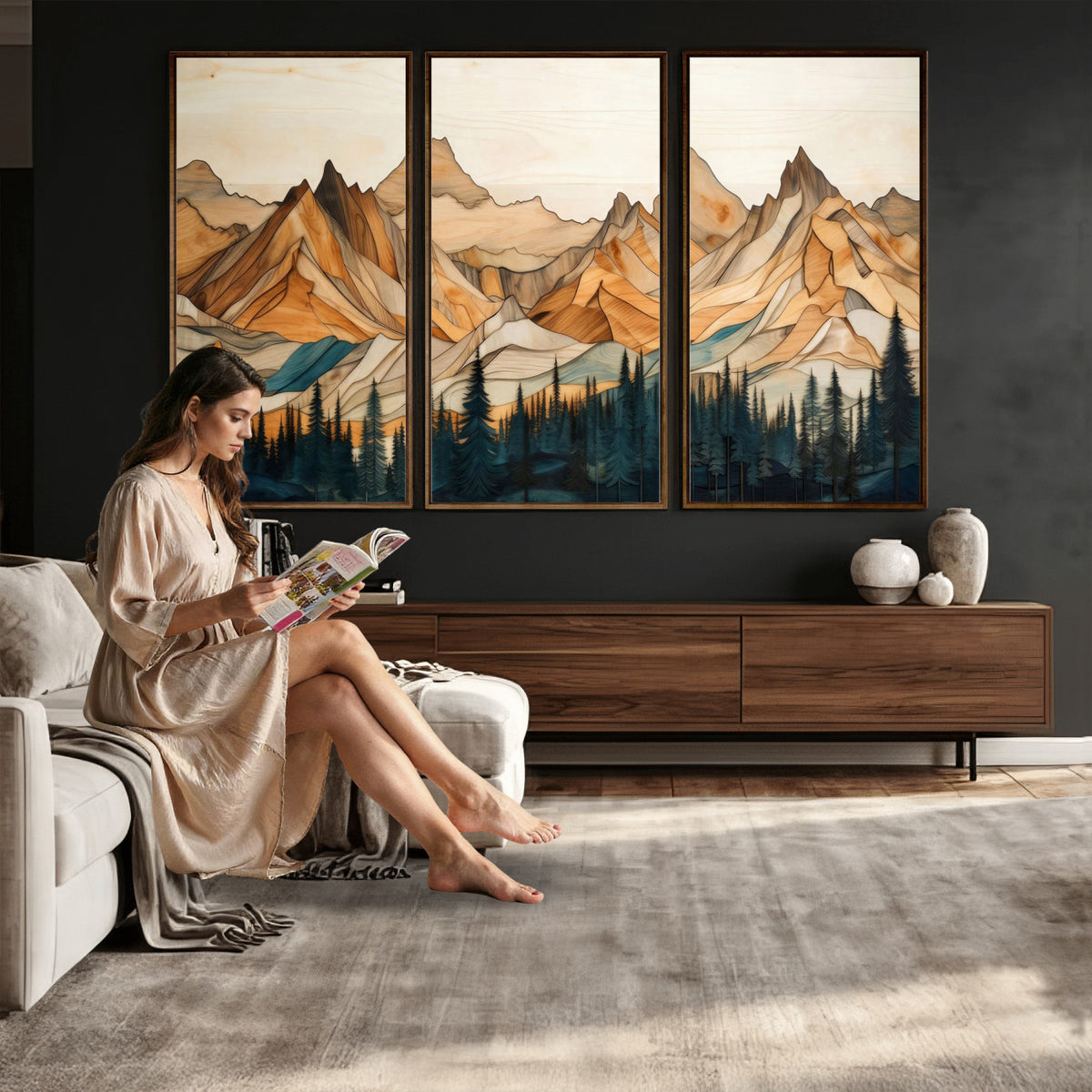 31576-MGV-CV-36X24 - Geometric Wood Mountain Landscape Wall Art Canvas Print, Rustic Forest Painting Print
