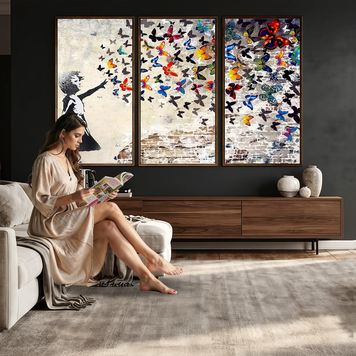 97895-MGV-CV-24X16 - Banksy Graffiti Wall Art Canvas Print, Girl Releasing Vibrant Butterflies