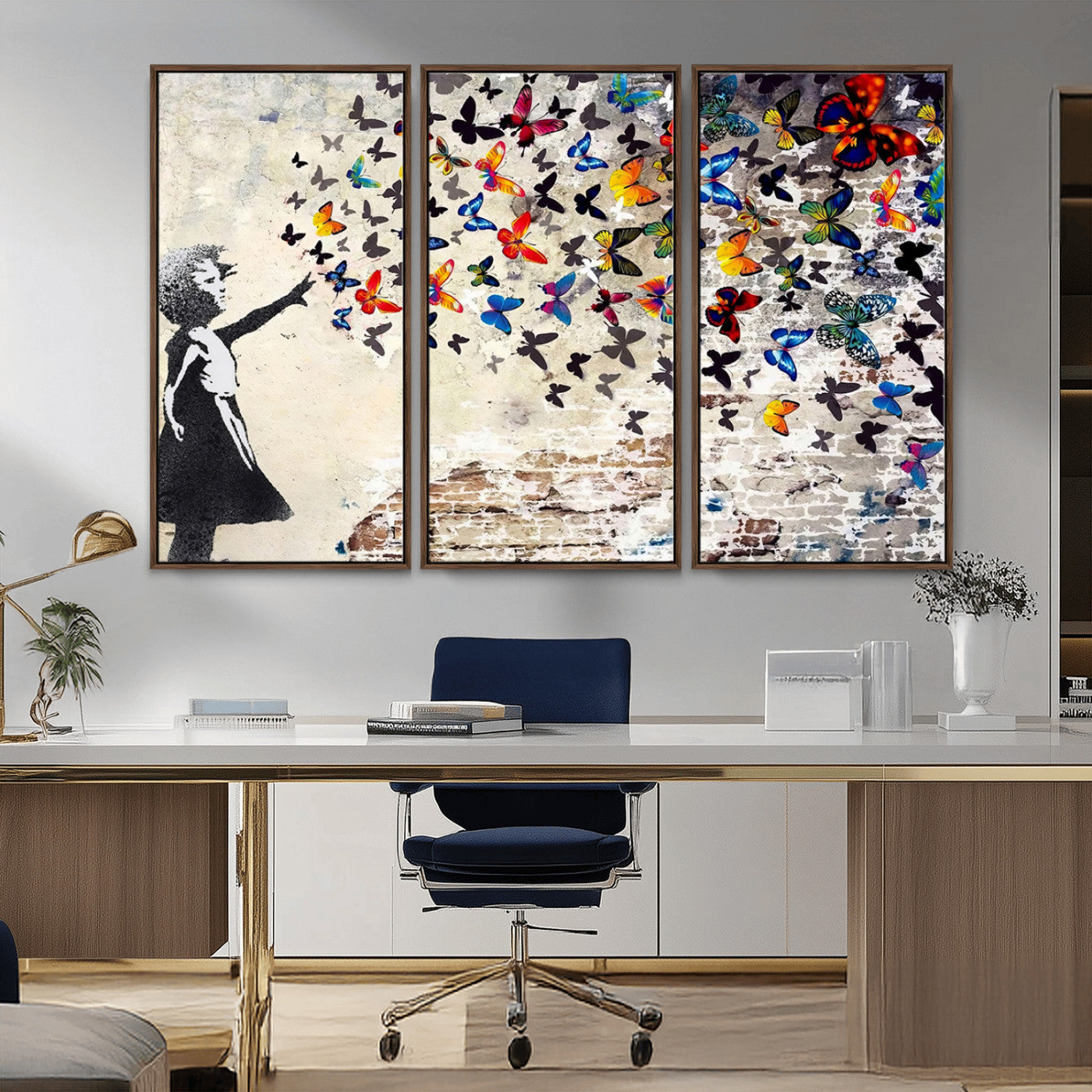 MGV-FC-48X32-3P - Banksy Graffiti Wall Art Canvas Print: Girl Releasing Vibrant Butterflies – Ready to Hang