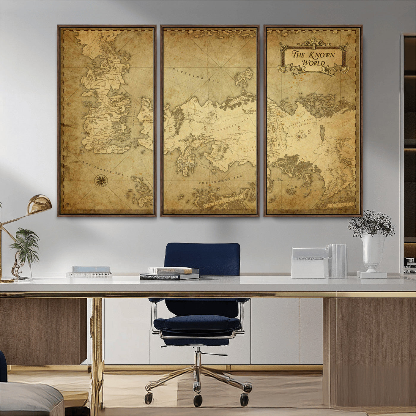 MGV-FC-48X32-3P - Vintage Game of Thrones Map Wall Art | Westeros and Essos Antique Style Print | The Known World in Triptych Canvas | Giclee Canvas for Fantasy Lovers
