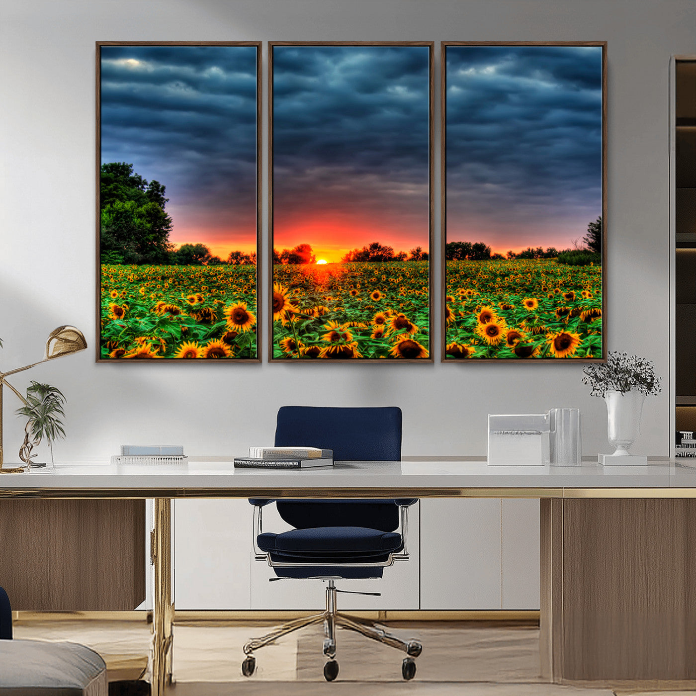 MGV-FC-48X32-3P - Golden Sunflower Field at Sunset – Breathtaking Sky and Vibrant Flowers, Ready to Hang Wall Art
