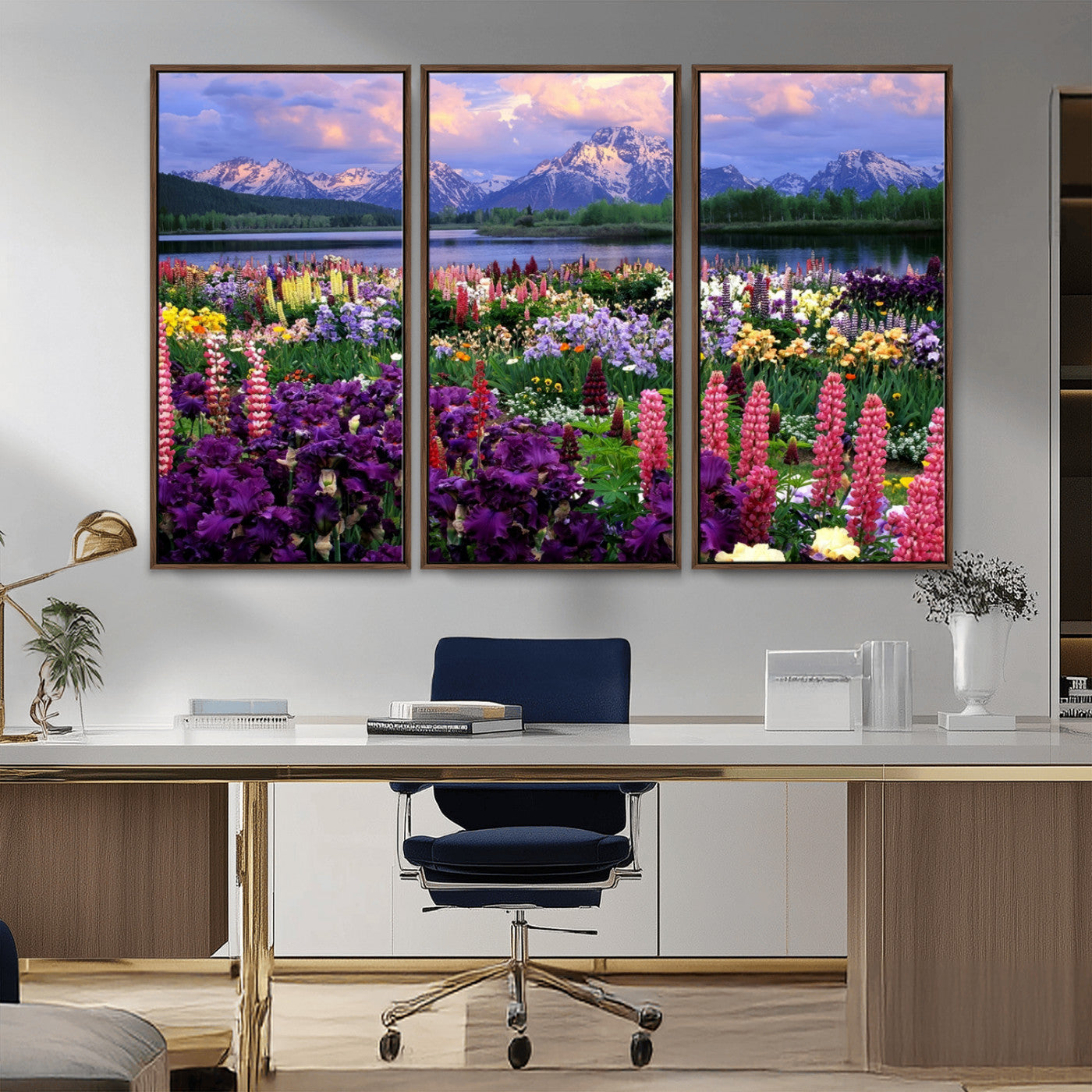 MGV-FC-48X32-3P - Vibrant Wildflower Garden and Mountain View Giclee Canvas Print | Floral Wall Art for Living Room