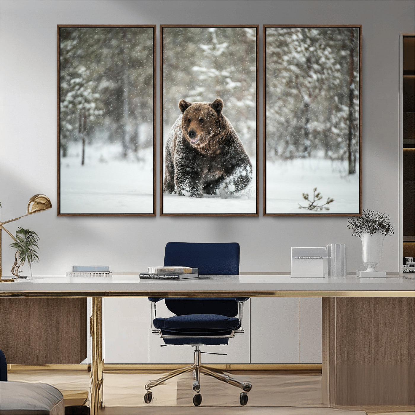 MGV-FC-48X32-3P - Wall Art Canvas Print – Grizzly Bear in Snowy Forest Powerful Presence Snowy Wilderness Wild Beauty