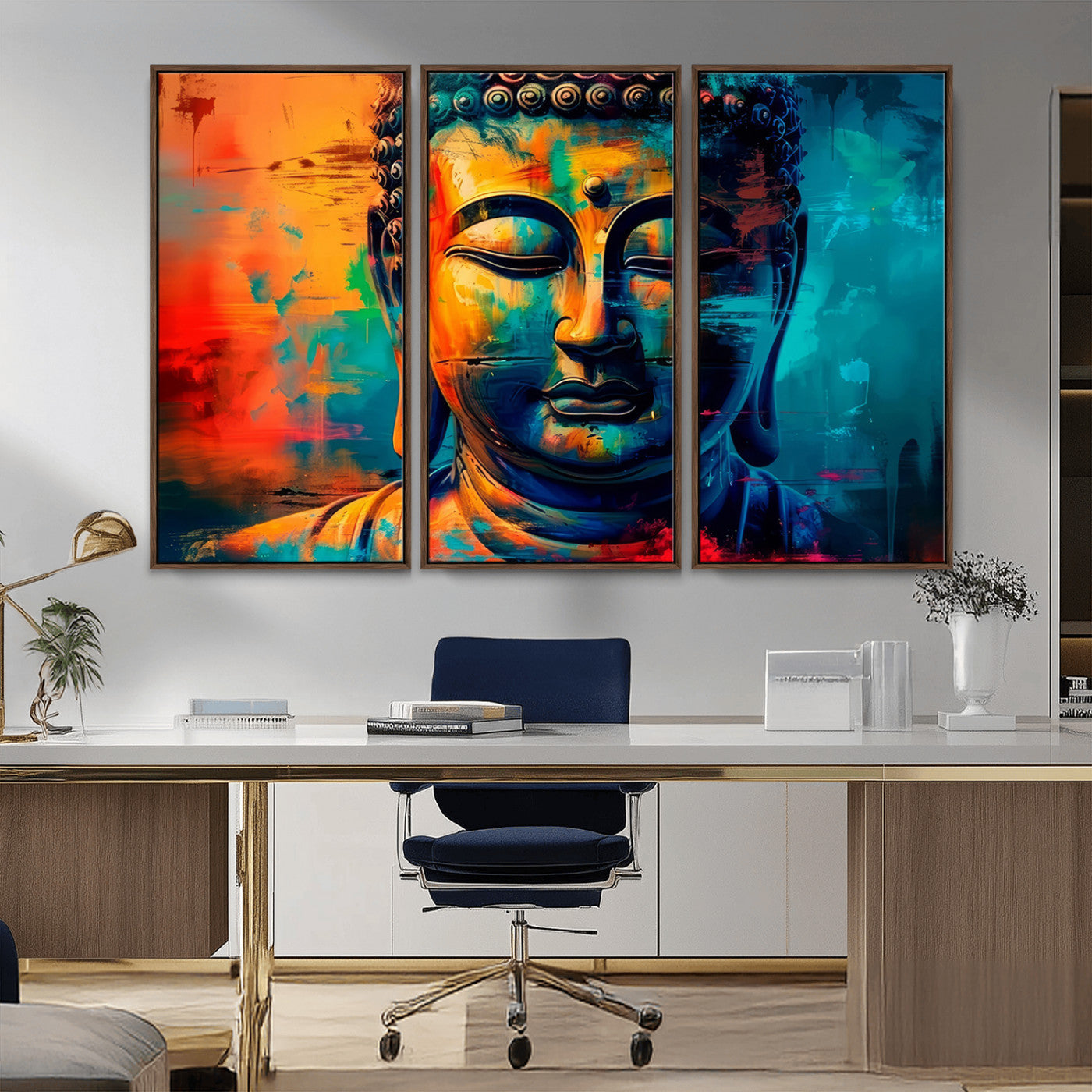 A vibrant, abstract artistic rendition of a Buddha statue face, blending bold and contrasting colors to evoke a sense of peace, spirituality, and enlightenment.