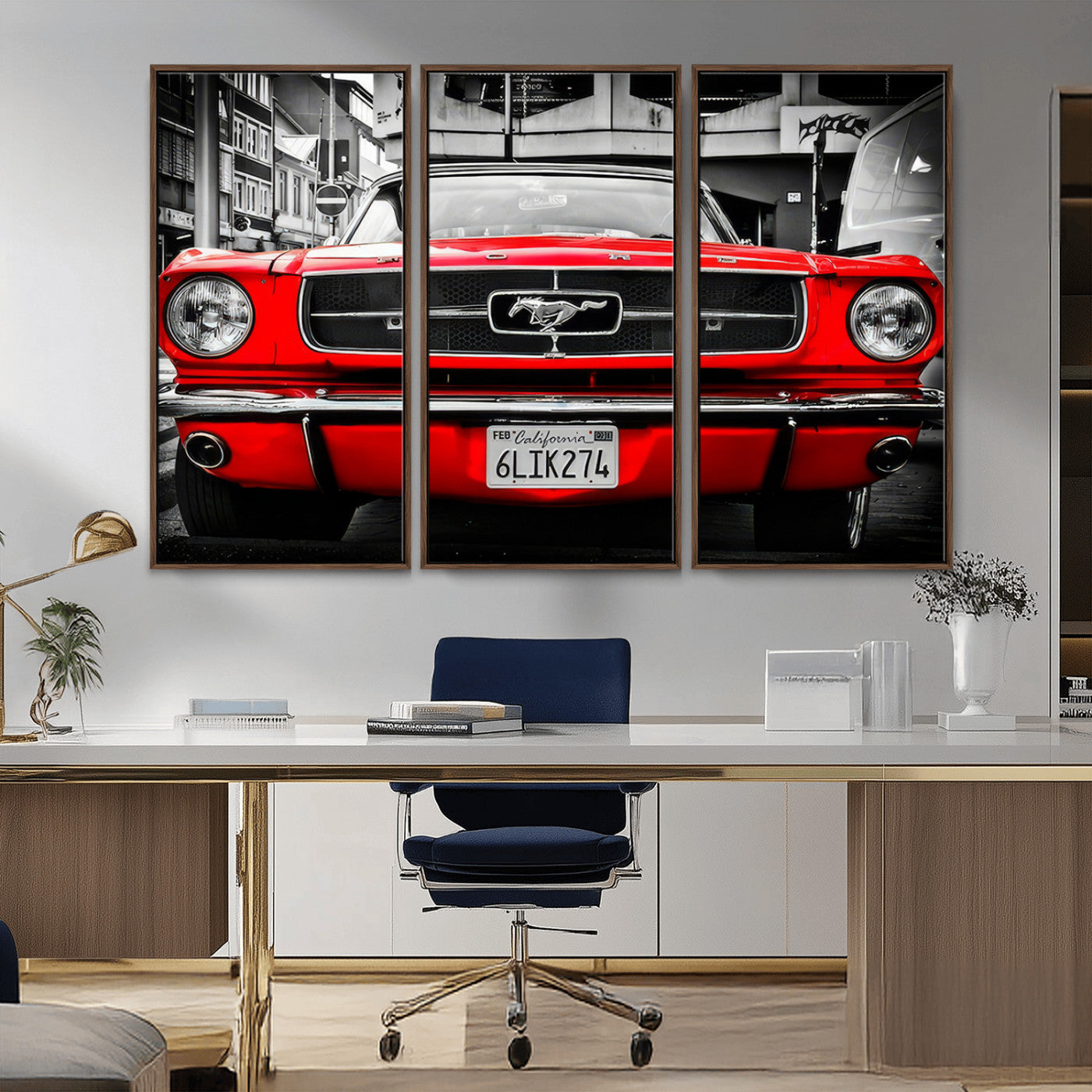 Front view of a bold red 1960s Ford Mustang parked in an urban environment, captured in dramatic contrast with a black-and-white city backdrop, emphasizing its timeless American muscle car identity.