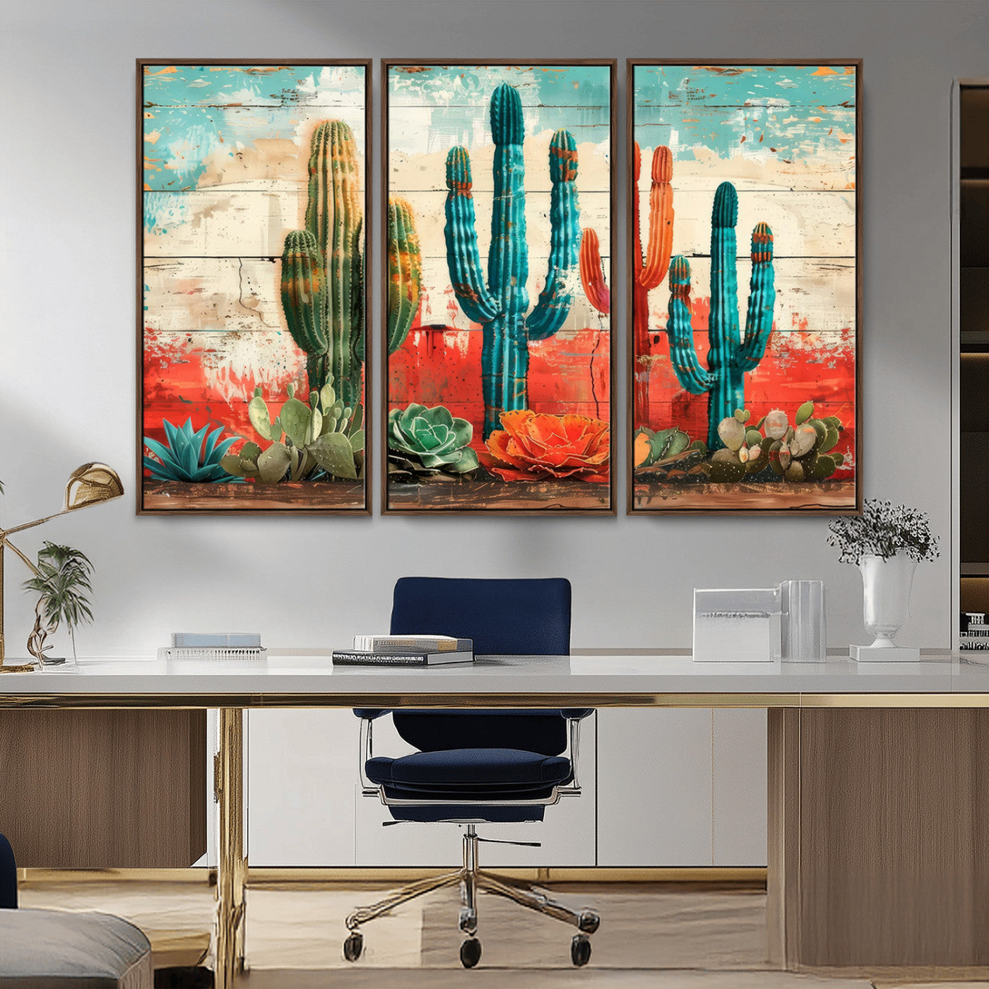 A vivid southwestern-style artwork featuring an eclectic mix of cacti and succulents painted against a textured, rustic wood backdrop in rich turquoise, red, and orange hues.
