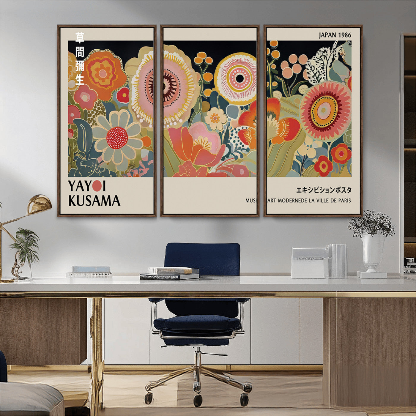 MGV-FC-48X32-3P - Yayoi Kusama Landscape Canvas Print, Vibrant Floral Mountain Art Print, Botanical Flower Nature Decor, Sunset Scenery Artwork