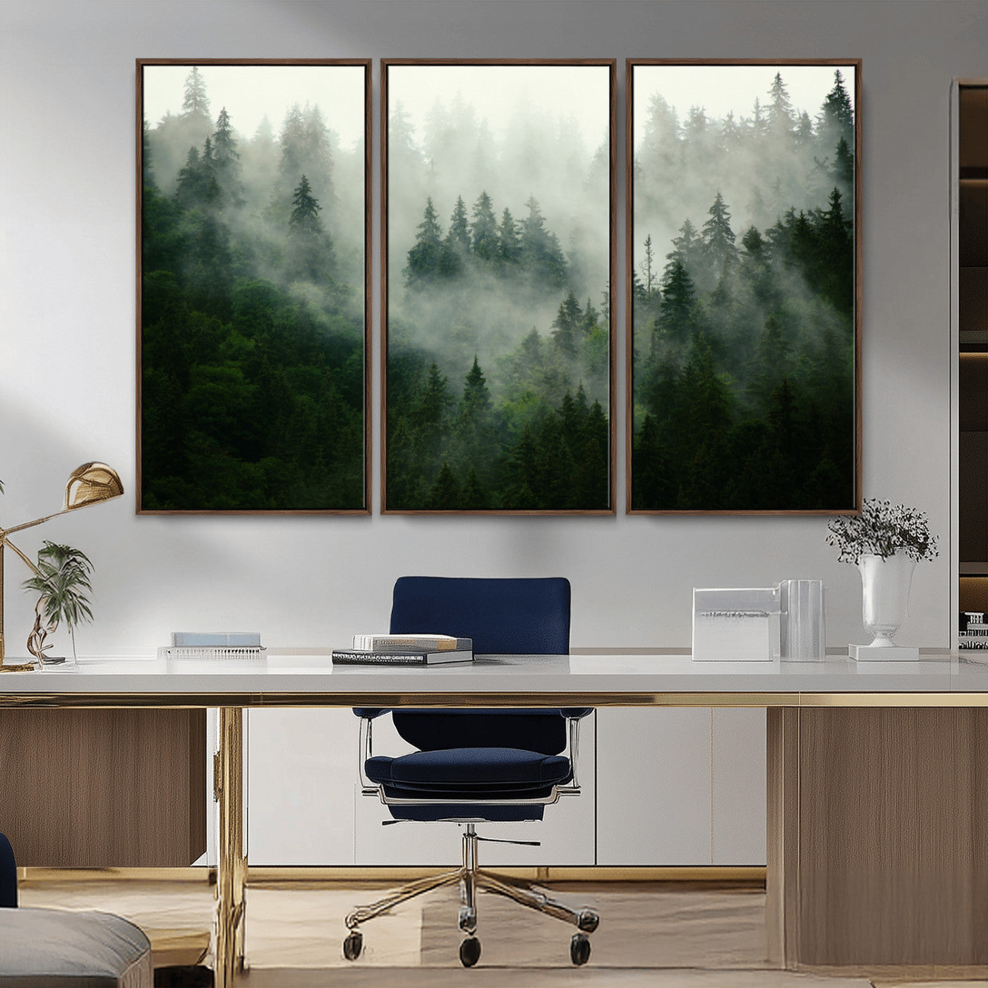 MGV-FC-48X32-3P - Misty Forest Mountain Wall Art Canvas  | Large 3-Panel Foggy Landscape Canvas Print | Nature Misty