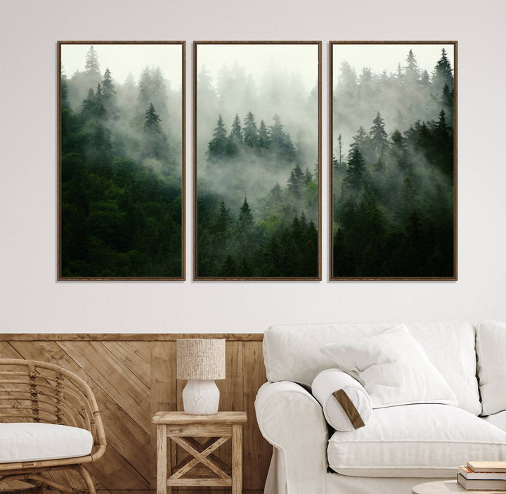 Misty Forest Mountain Wall Art | Large 3-Panel Foggy Landscape Canvas Print | Misty Forest Canvas Art | Nature Wall Art for Home | Mountain Fog Print