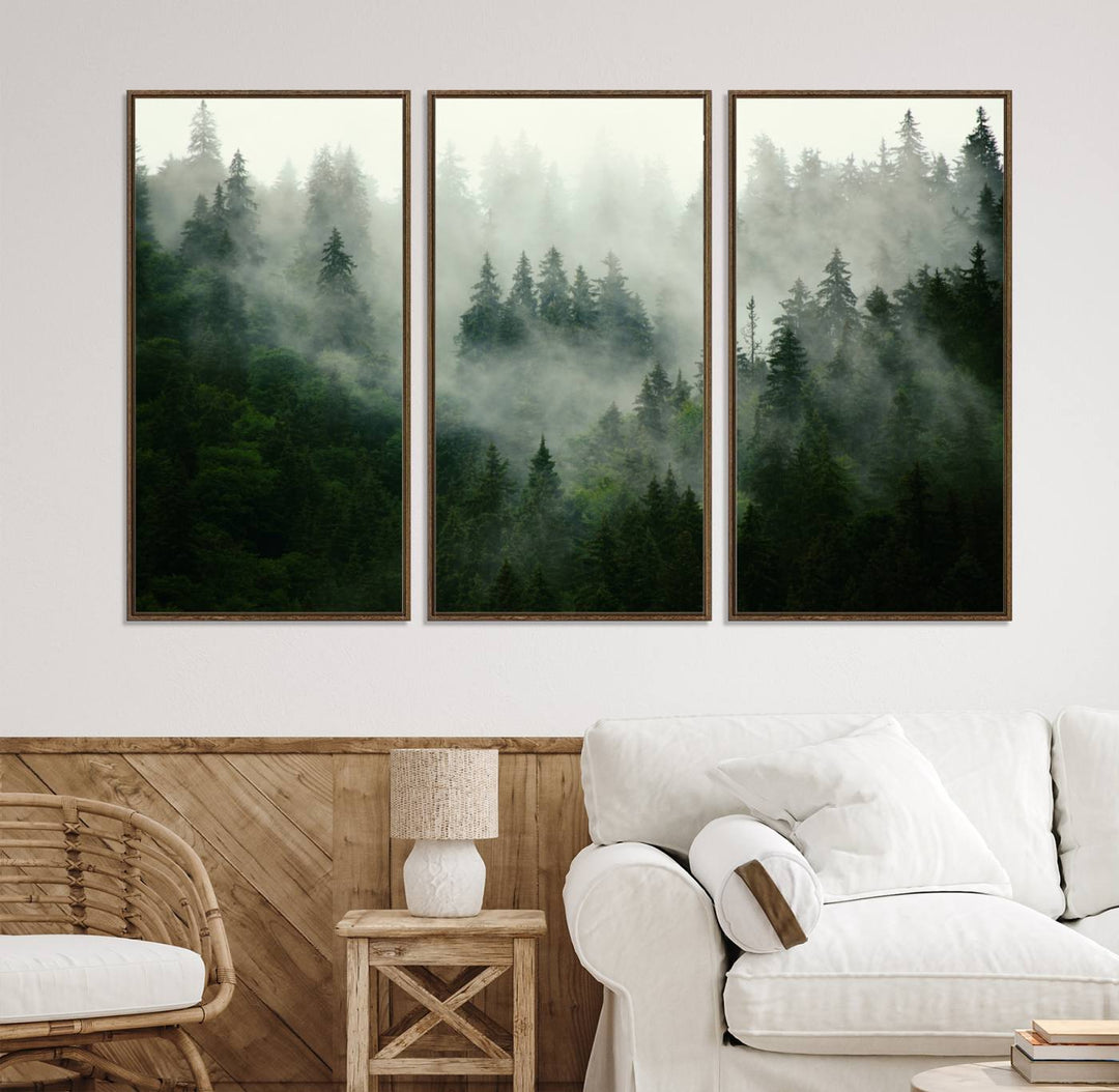 The Misty Forest Wall Art Canvas Print captures a serene, foggy evergreen landscape, evoking a mysterious woodland ambiance.