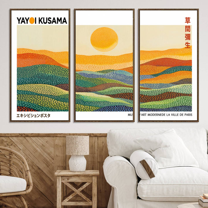 Framed Yayoi Kusama 1986 Wall Art: A vibrant abstract landscape featuring Wabi Sabi hills and a sun, created by the Japanese artist.