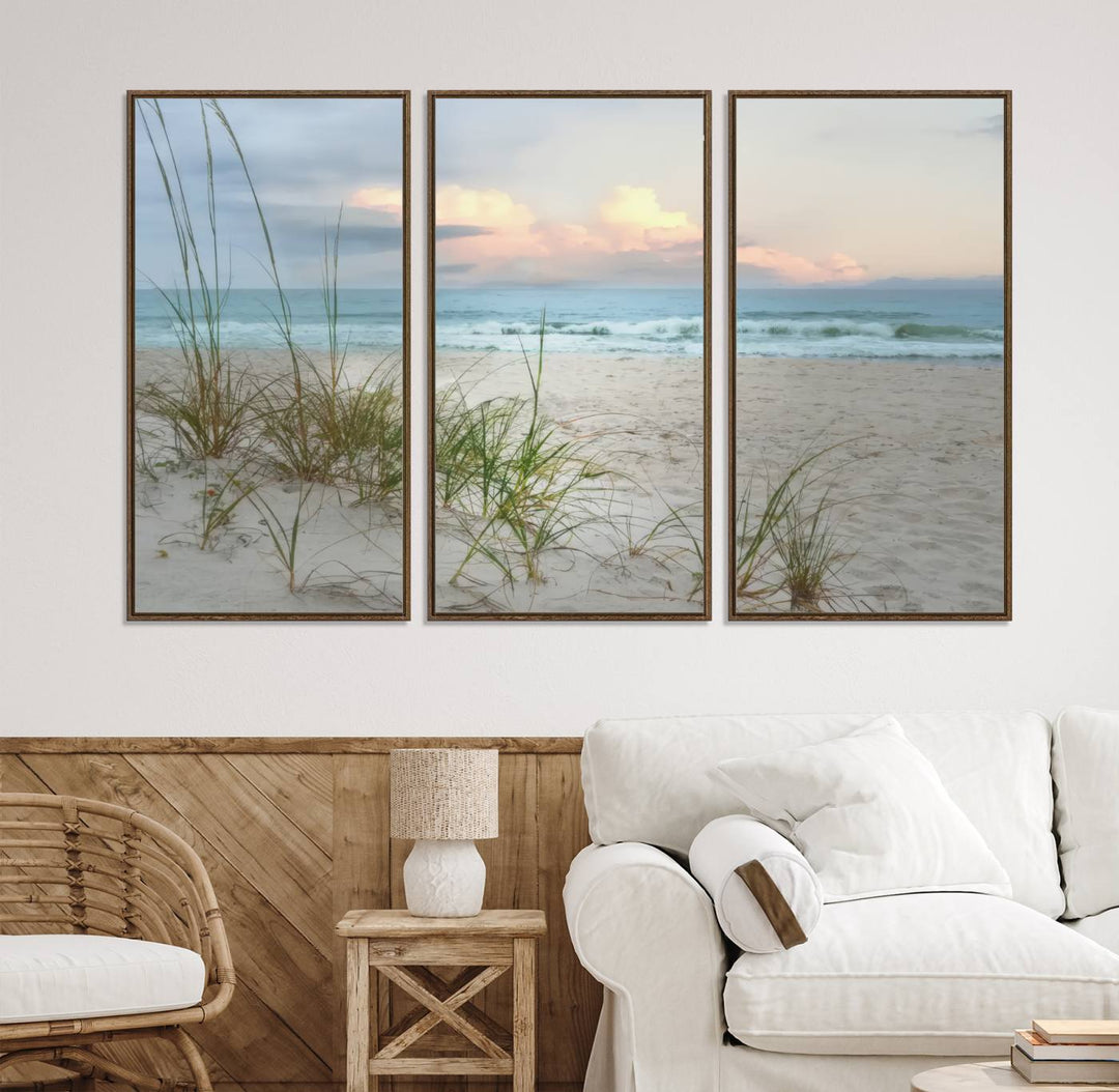 Flight Over Coastal Beach print on UV canvas displayed against white walls.