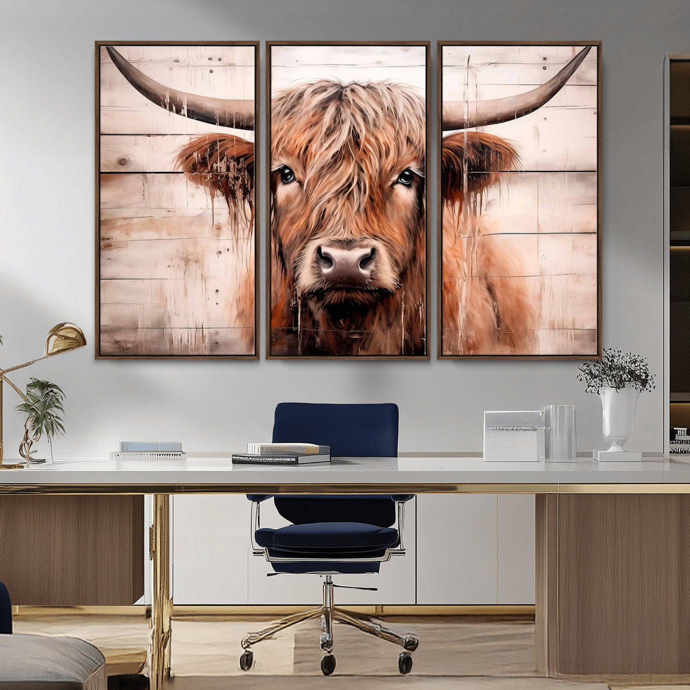 MGV-FC-48X32-3P - Vintage Scottish Highland Cow Cattle Art Print Farmhouse Wall Art Canvas Print