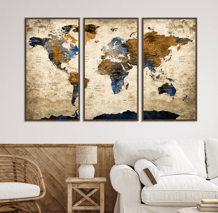 A Vintage World Map Canvas featuring brown, blue, and white on a textured background. Ideal for wall art in living rooms or offices.
