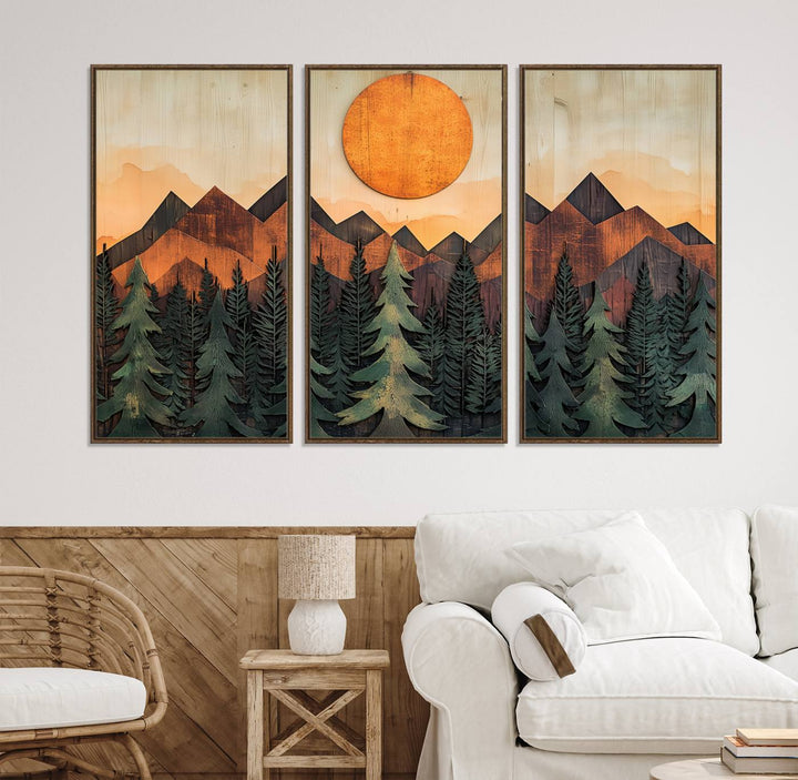 Sunset Mountain Landscape canvas wall art print featuring forest and wooden textures in green, brown, and orange.