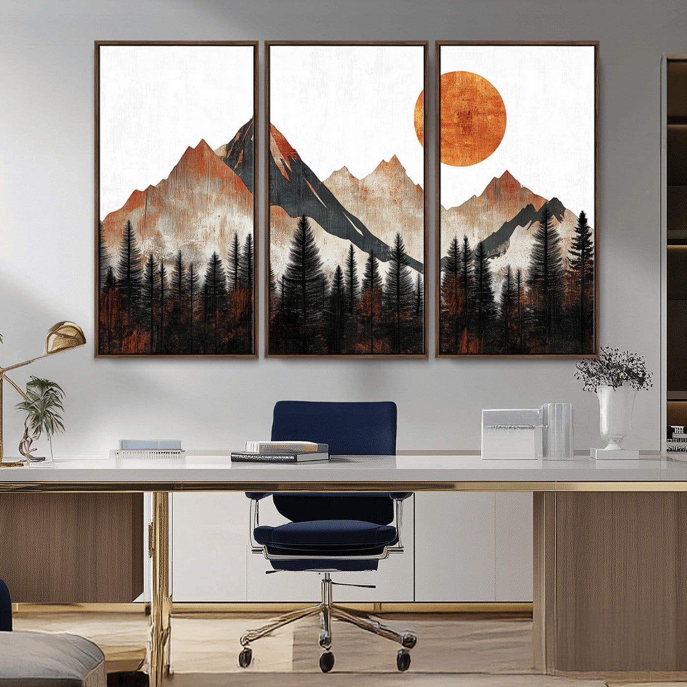 MGV-FC-48X32-3P - Modern Abstract Mountain Canvas Wall Art Print, Abstract Landscape Print, Rustic Sun and Mountains