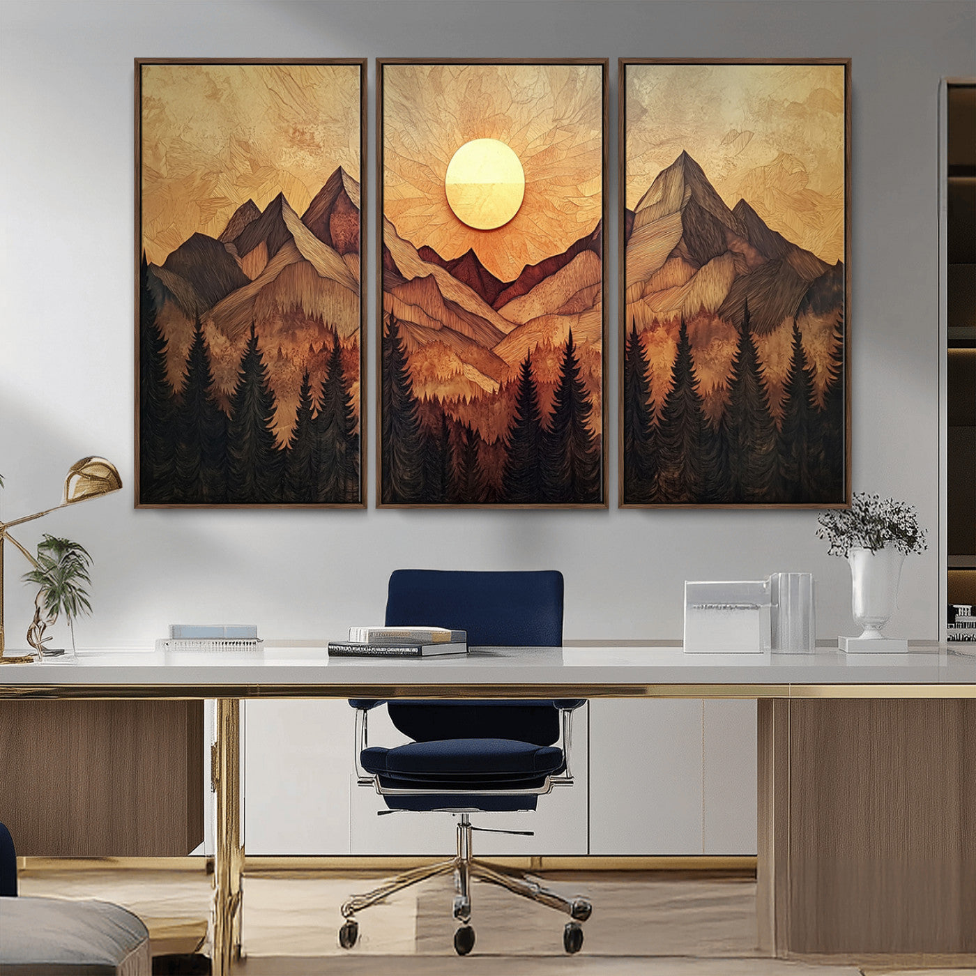 MGV-FC-48X32-3P - Wood Style Abstract Mountain Sunset Canvas Wall Art Print - Warm Earth Nature-Inspired Decor for