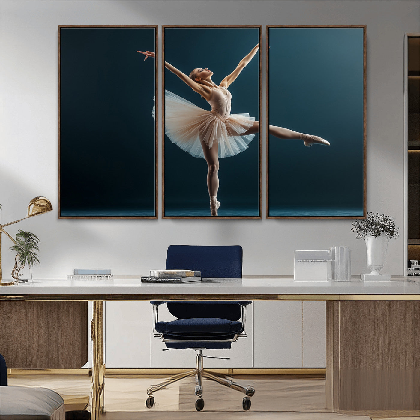 An elegant ballerina captured mid-pose on pointe, radiating grace and strength in a perfectly lit studio setting, her tutu fanned out in delicate symmetry.