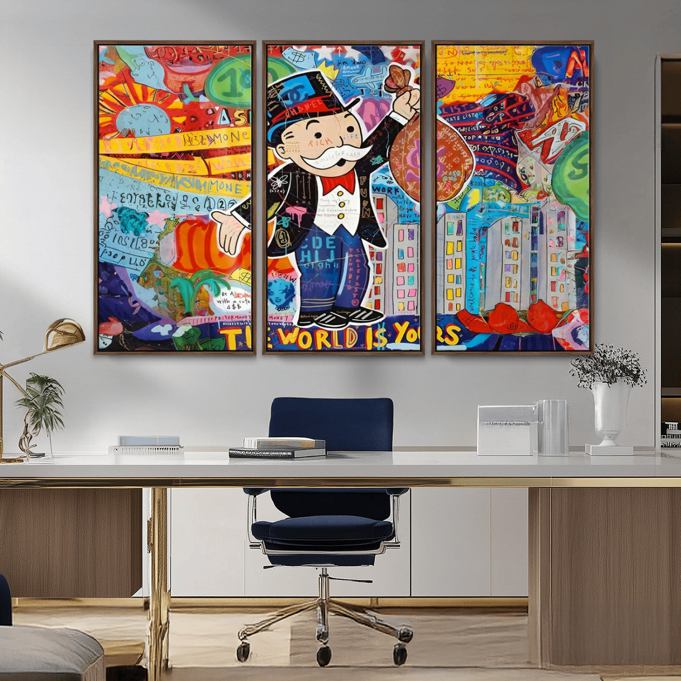 MGV-FC-48X32-3P - Pop Art Monopoly Man Canvas Wall Art Print - Bold and Colorful Street Art-Inspired Decor for Living