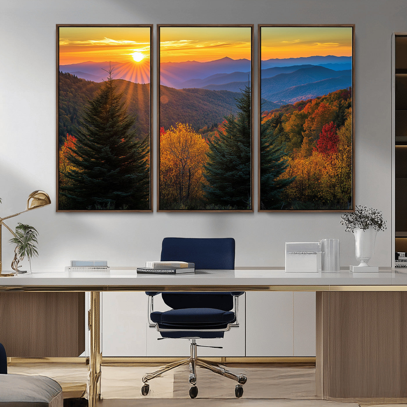 MGV-FC-48X32-3P - Golden Sunset Over Mountain Forest Canvas Wall Art Print - Warm Nature-Inspired Landscape for Living