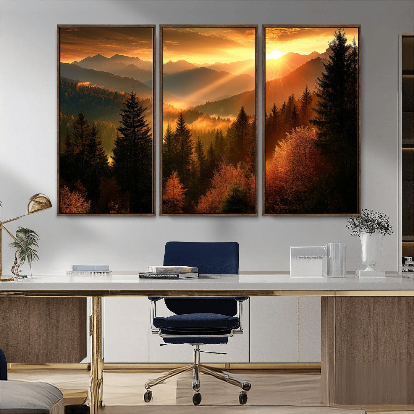 MGV-FC-48X32-3P - Golden Sunset Over Mountain Forest Canvas Wall Art Print - Warm Nature Landscape Print