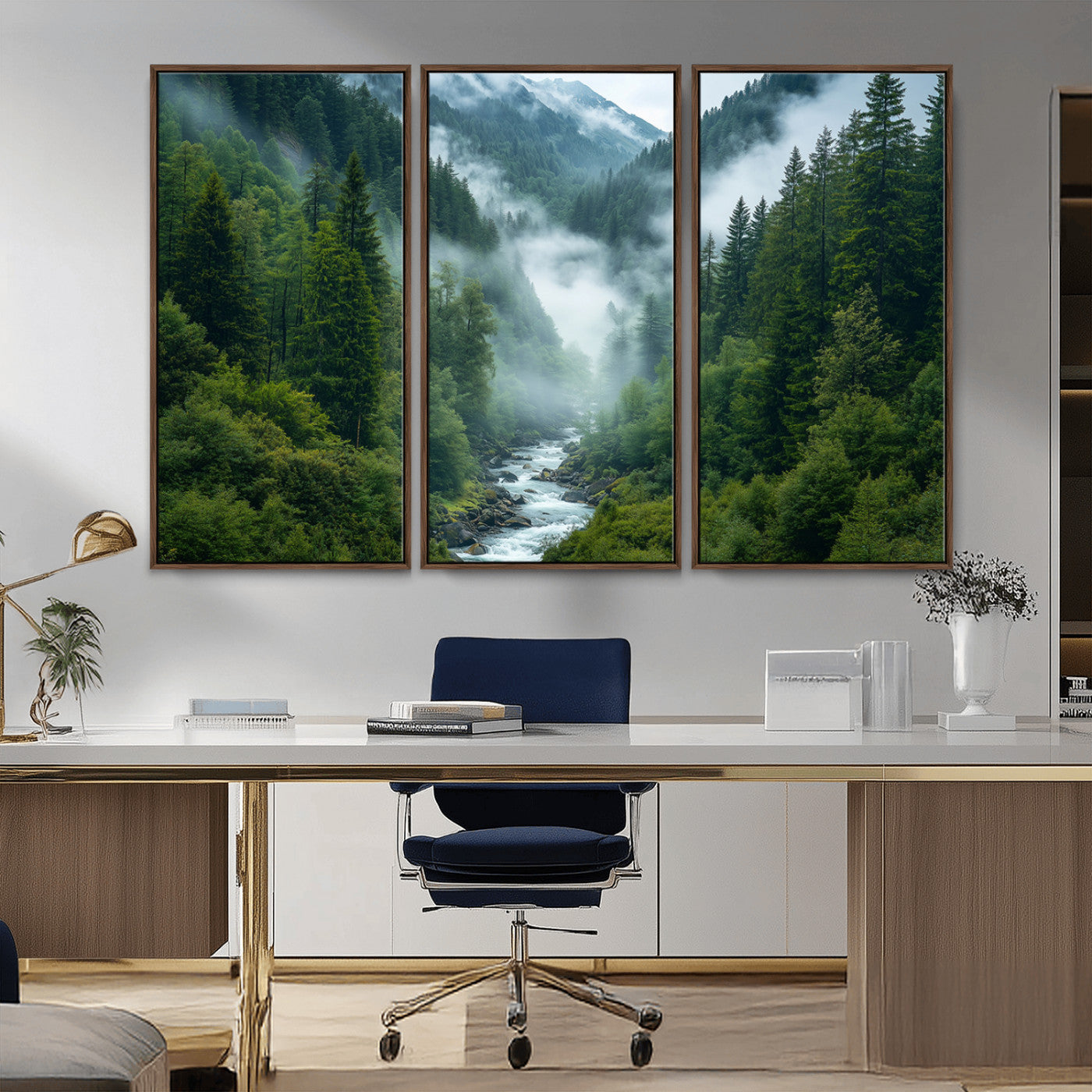 MGV-FC-48X32-3P - Mountain Forest River Canvas Wall Art Print - Serene Nature Landscape for Living Room, Office, or