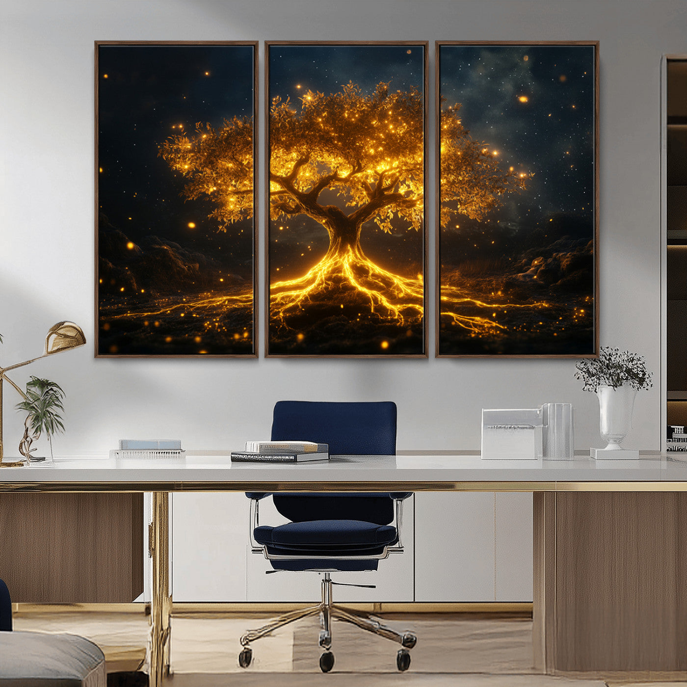MGV-FC-48X32-3P - Golden Tree of Life Canvas Wall Art Print - Majestic Glowing Tree Design for Living Room, Office, or