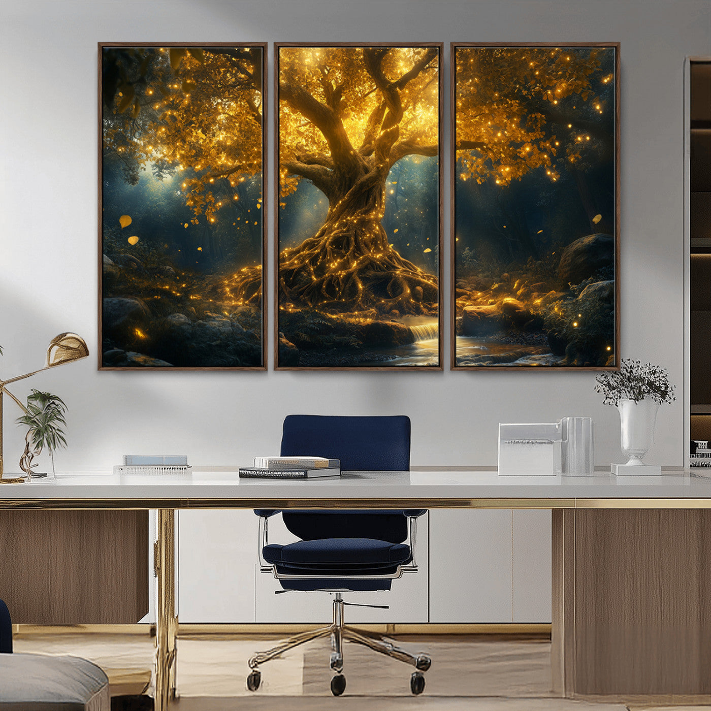 MGV-FC-48X32-3P - Golden Tree of Life Canvas Wall Art Print - Majestic Glowing Tree Wall Art Print