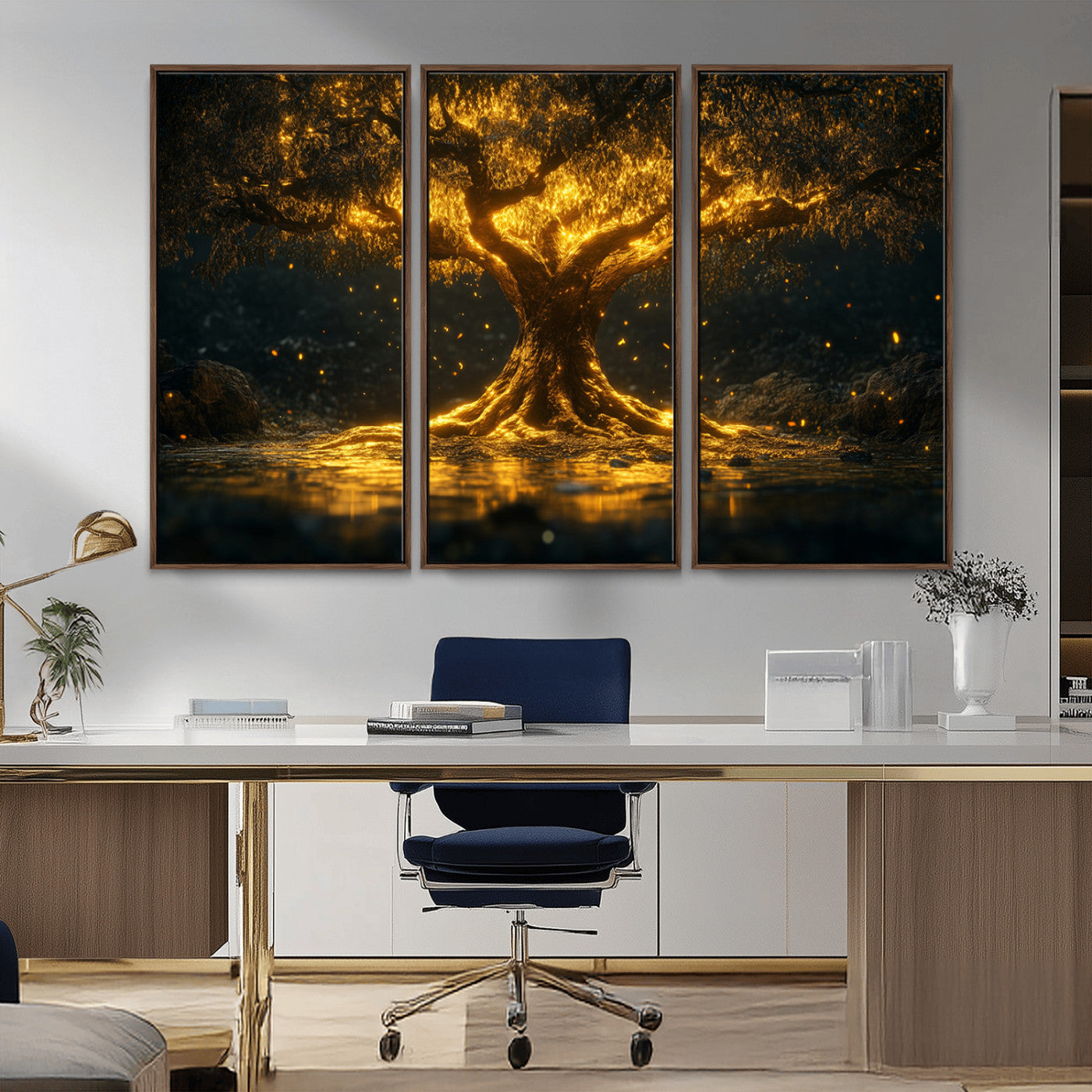 MGV-FC-48X32-3P - Golden Tree of Life Canvas Wall Art Print - Majestic Glowing Tree Wall Art Print