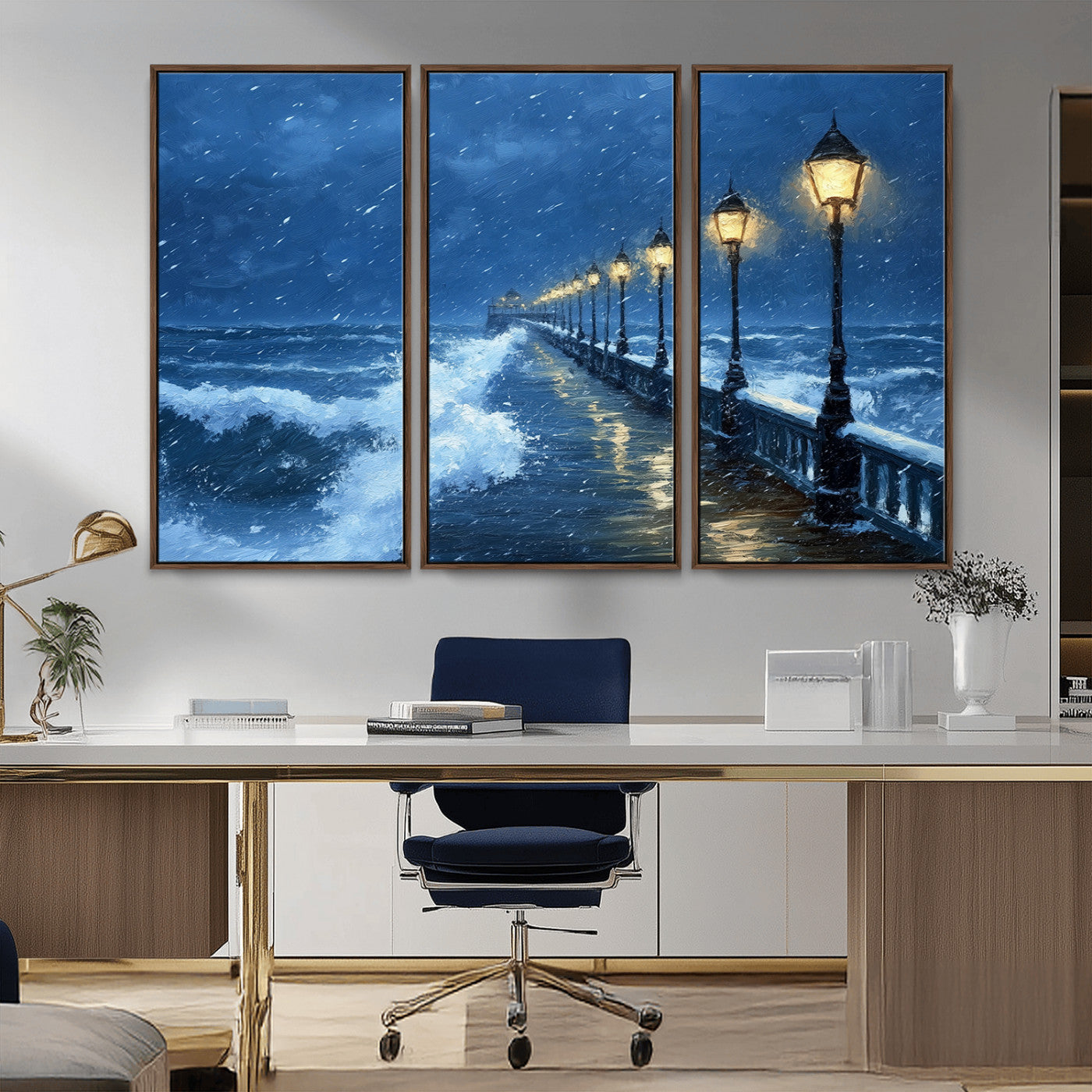 MGV-FC-48X32-3P - Stormy Ocean Pier Lights Canvas Wall Art Print - Large Moody Night Scene for Living Room, or Office,