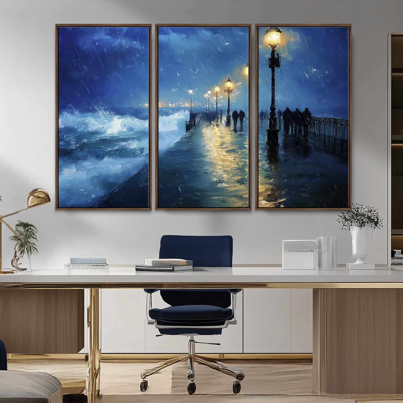 MGV-FC-48X32-3P - Abstract Stormy Ocean Pier Canvas Wall Art Print | Stormy Ocean Art | Large Moody Night Scene Print,
