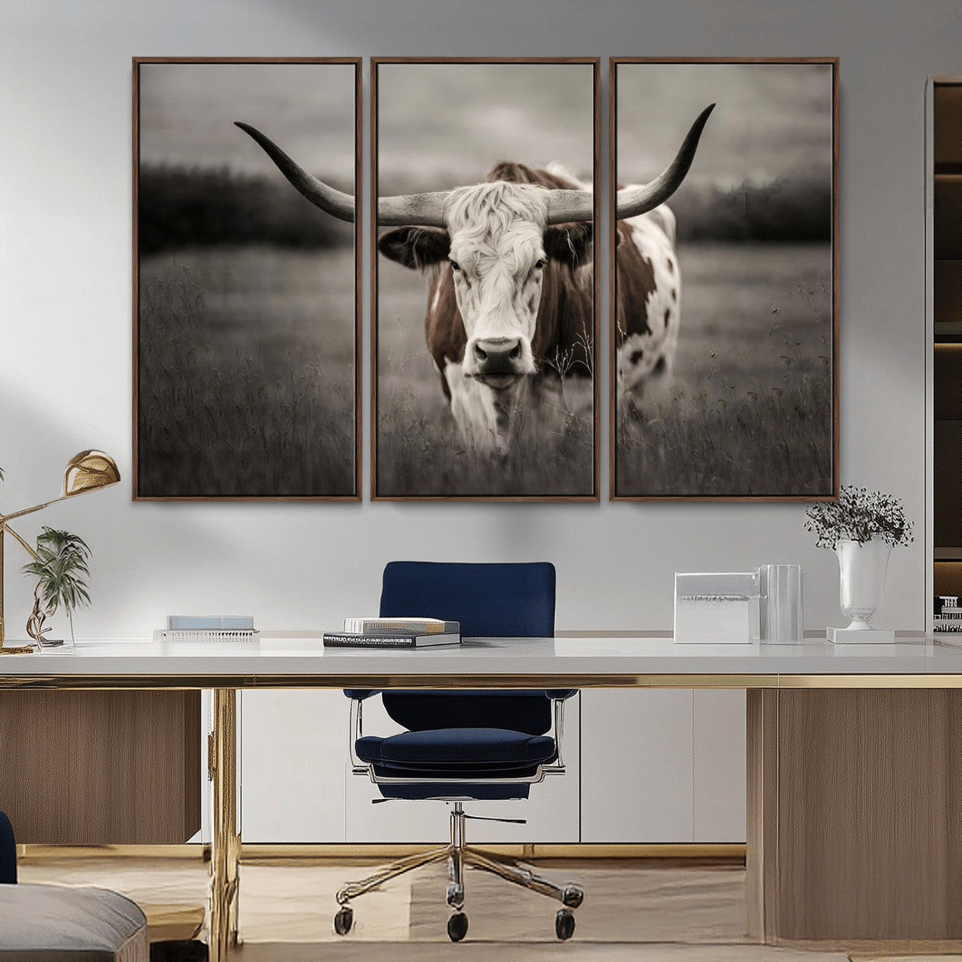 MGV-FC-48X32-3P - Texas Longhorn Cow Canvas Wall Art Print - Large Rustic Longhorn Art for Living Room, Western Wall