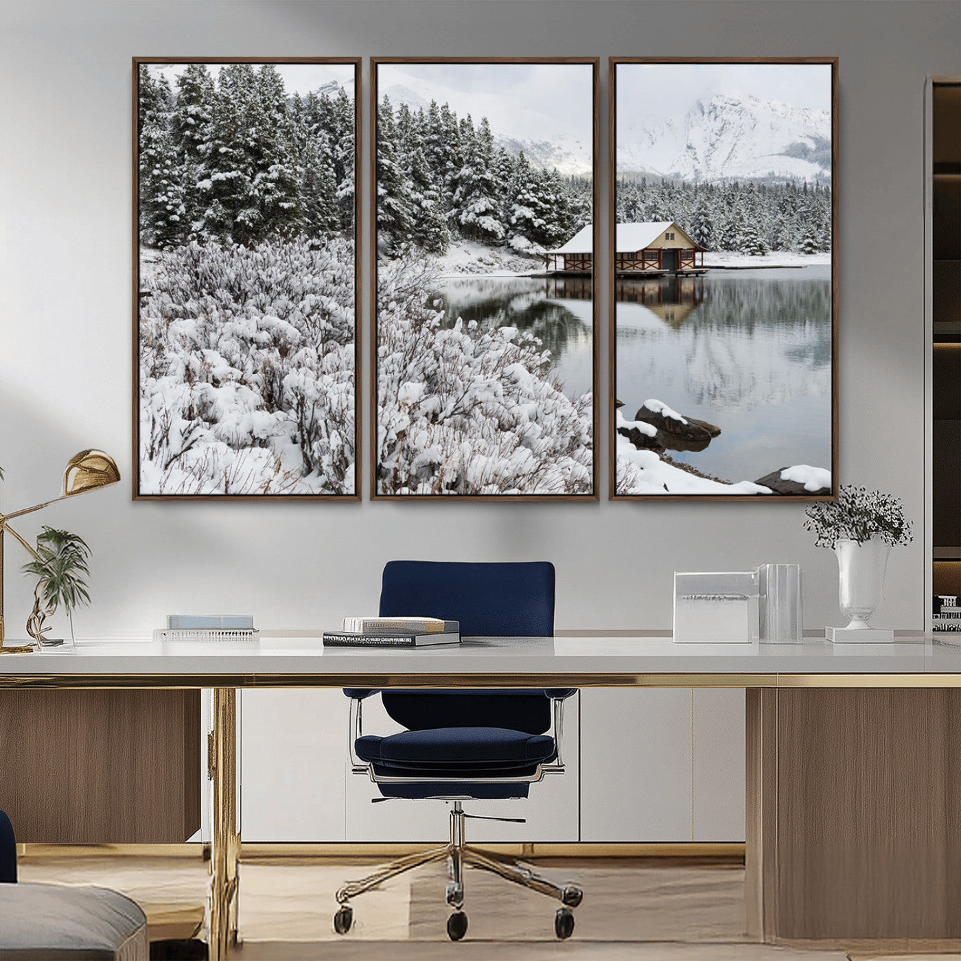 MGV-FC-48X32-3P - Winter Wall Art - Cabin by the Lake Canvas Wall Art - Serene Snowy Landscape with Mountain View,