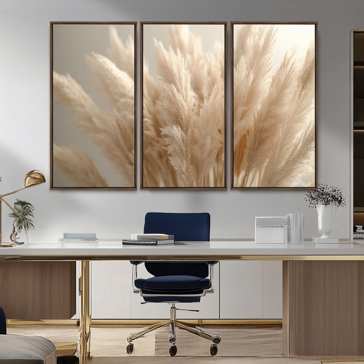 MGV-FC-48X32-3P - Pampas Grass Canvas Wall Art - Elegant Neutral Decor for Living Room, Boho Minimalist Artwork, Ready