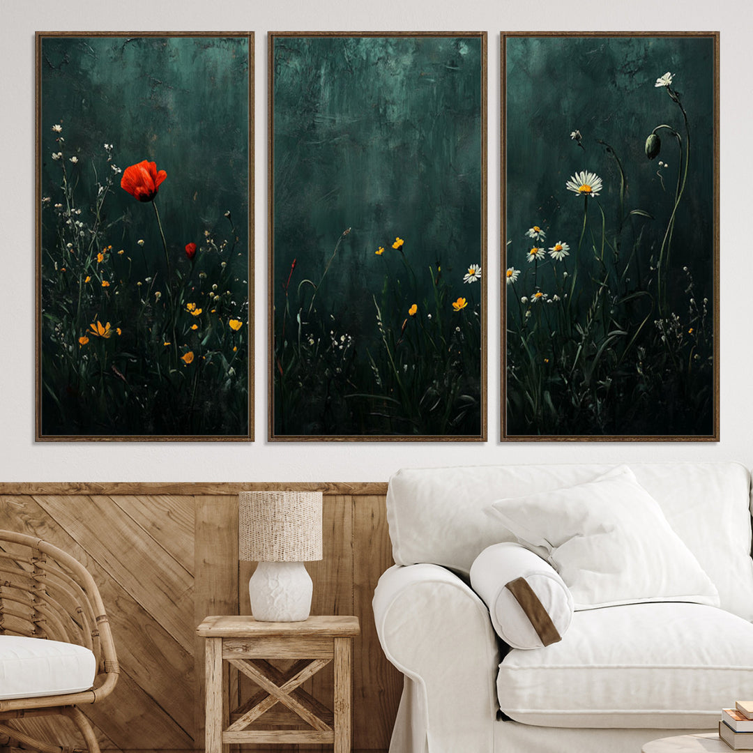 Wildflower Field Framed Wall Art, Vintage Botanical Landscape Sign, Botanical Wall Art, Modern Farmhouse Canvas Art, Field Of Flowers Canvas Print