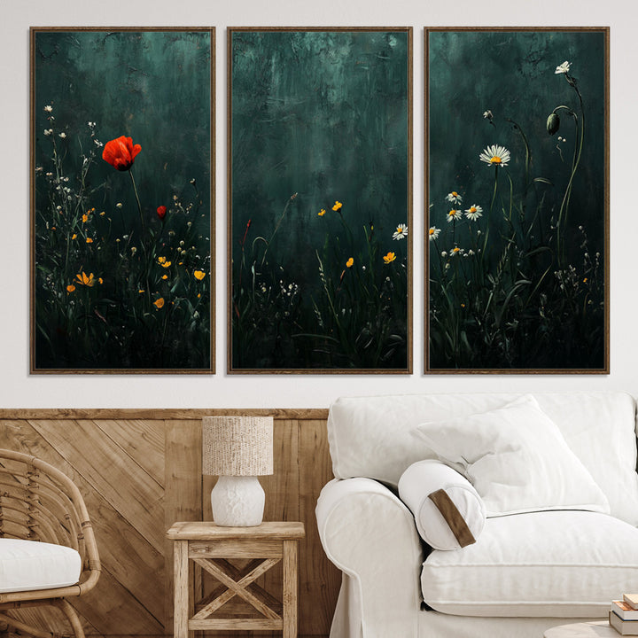 Wildflower Field Framed Wall Art, Vintage Botanical Landscape Sign, Botanical Wall Art, Modern Farmhouse Canvas Art, Field Of Flowers Canvas Print