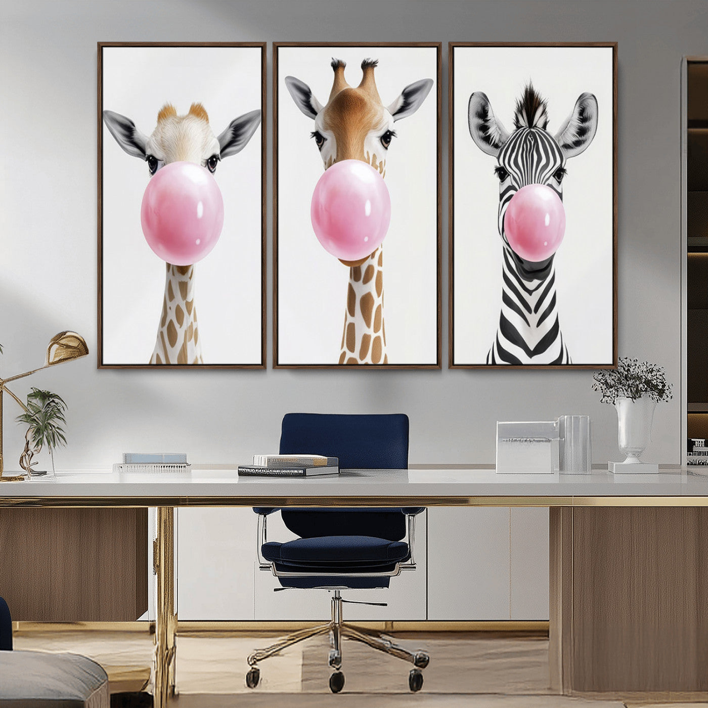 MGV-FC-48X32-3P - Bubblegum Animals Canvas Wall Art - Playful Giraffe and Zebra Trio, Fun Nursery Decor for Kids'