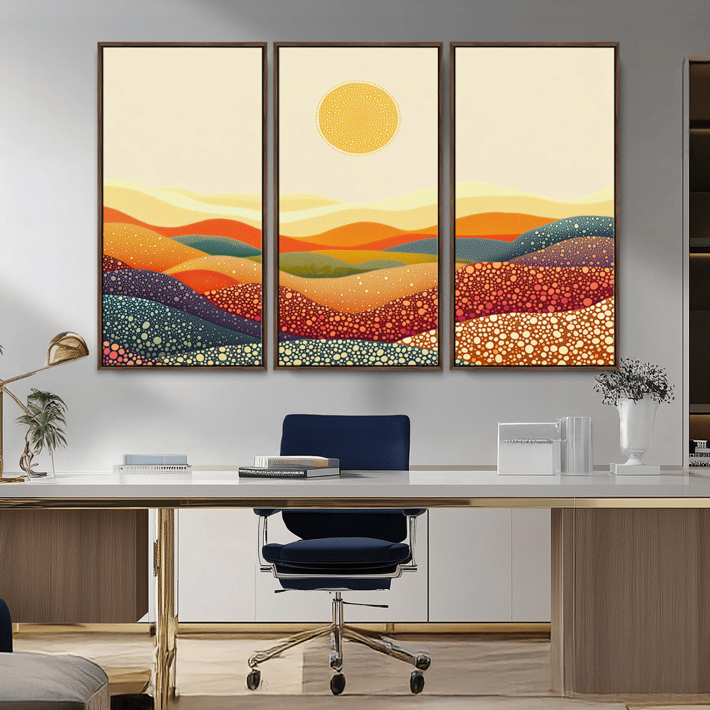 MGV-FC-48X32-3P - YAYOI KUSAMA Colorful Dot Art Landscape Canvas - Framed Abstract Pointillism Inspired by Nature with