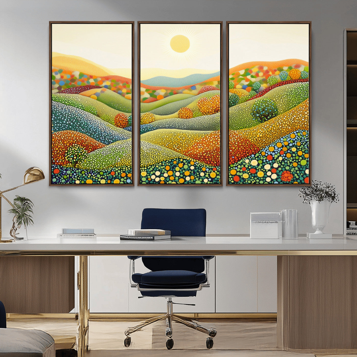 MGV-FC-48X32-3P - YAYOI KUSAMA Wall Art - Colorful Dot Art Landscape Canvas, Framed Japanese Dot Art