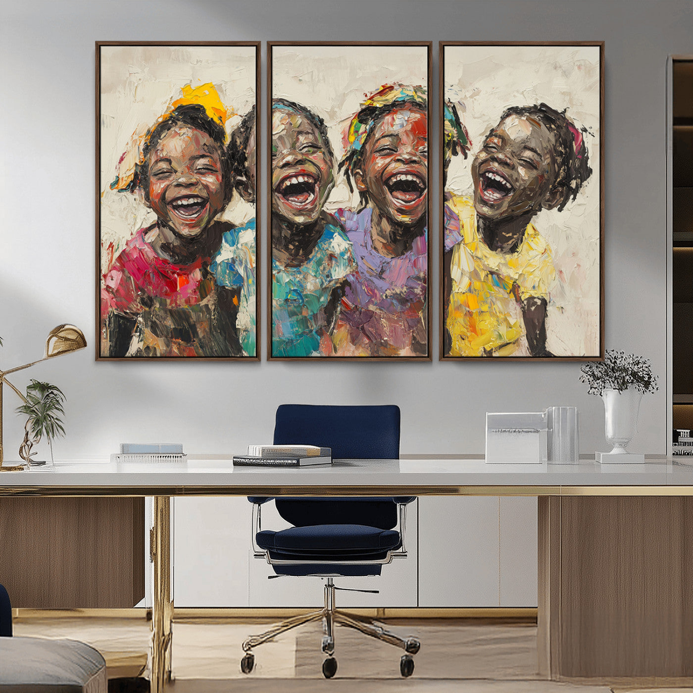 MGV-FC-48X32-3P - Shai Yossef style Joyful Childhood Canvas Wall Art - Expressive Impasto Painting of Black Children