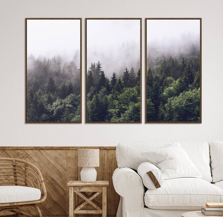 A serene triptych nature print featuring a misty forest, perfect as wall art.