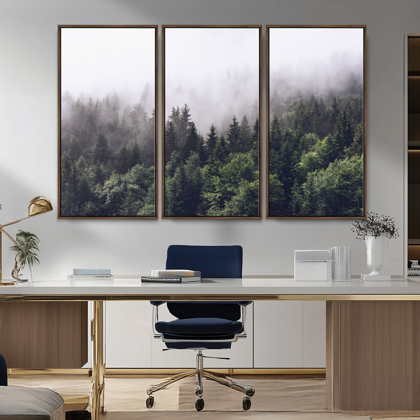 MGV-FC-48X32-3P - Misty Forest Wall Art | Foggy Forest Canvas Print | Large Nature-Inspired Misty Tree Landscape for